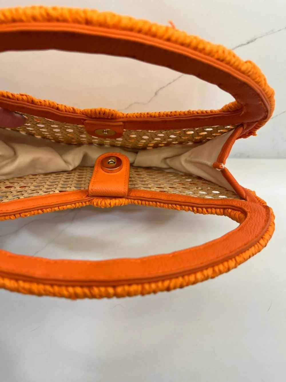 Orange Citrus Woven Statement Handbag Round Straw Look Summer Bag Boho Chic NWOT - Picture 3 of 5